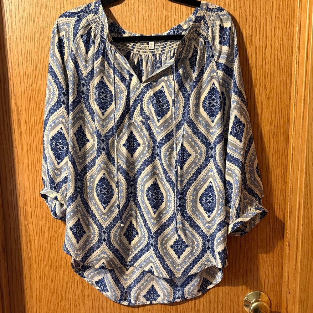 Blue and White Printed Peasant Blouse - Unbranded